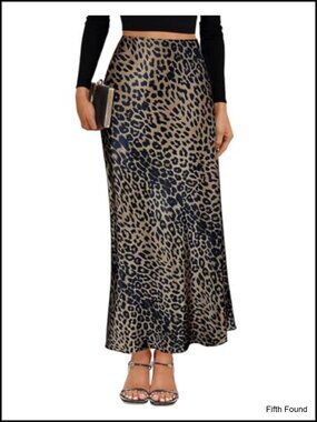Satin High Waisted Leopard Maxi Skirt Flared A-Line Long Women's
